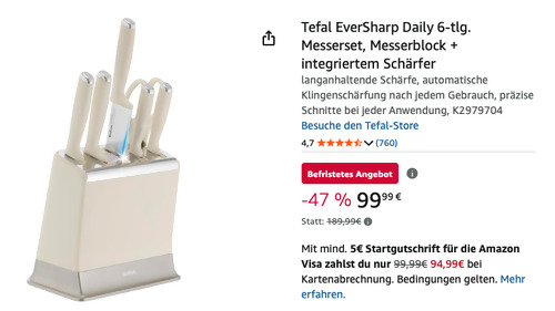 Tefal K2979704 EverSharp Daily 6-tlg. Messerset, Messerblock + integriertem Schärfer Tefal K2979704 EverSharp Daily 6-tlg. Messerset, Messerblock + integriertem Schärfer