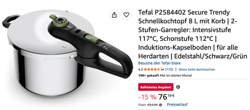 Tefal P2584402 Secure Trendy Schnellkochtopf 8 L mit Korb - jetzt 22% billiger Tefal P2584402 Secure Trendy Schnellkochtopf 8 L mit Korb - jetzt 22% billiger