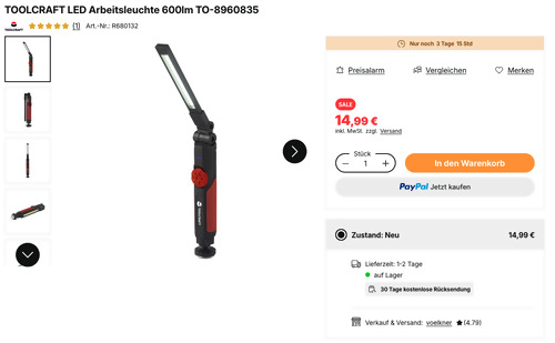 TOOLCRAFT LED Arbeitsleuchte 600lm TO-8960835 TOOLCRAFT LED Arbeitsleuchte 600lm TO-8960835