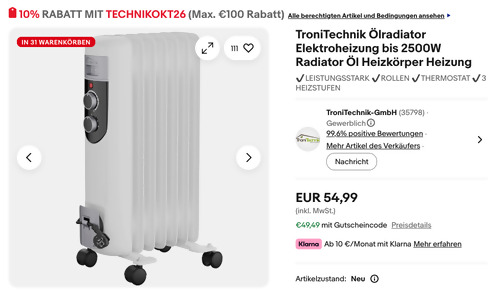 TroniTechnik OR 107 7 Rippen 1500 Watt Ölradiator TroniTechnik OR 107 7 Rippen 1500 Watt Ölradiator