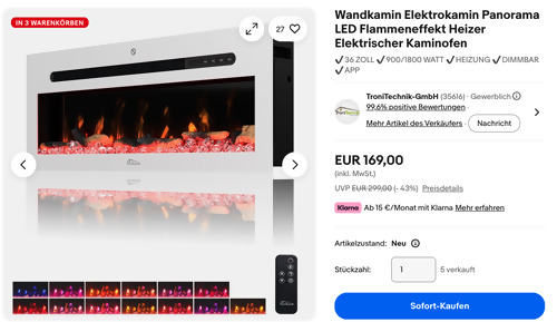 TroniTechnik Wandkamin CALDERA 92 cm  in Weiß, 900/1800W