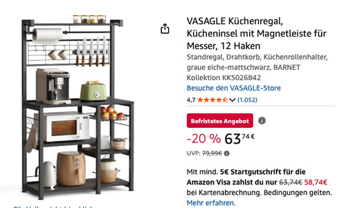 VASAGLE KKS026B42 Küchenregal Kücheninsel mit Magnetleiste für Messer VASAGLE KKS026B42 Küchenregal Kücheninsel mit Magnetleiste für Messer