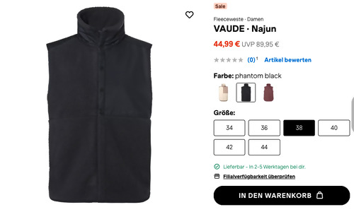 VAUDE Damen Fleeceweste Najun in Phantom Black, 34 - 44