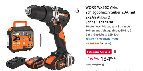 WORX WX352 Akku Schlagbohrschrauber 20V inkl. 2x2Ah Akkus & Schnellladegerät