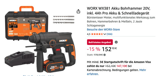WORX WX381 Akku Bohrhammer 20V inkl. 4Ah Pro Akku & Schnellladegerät